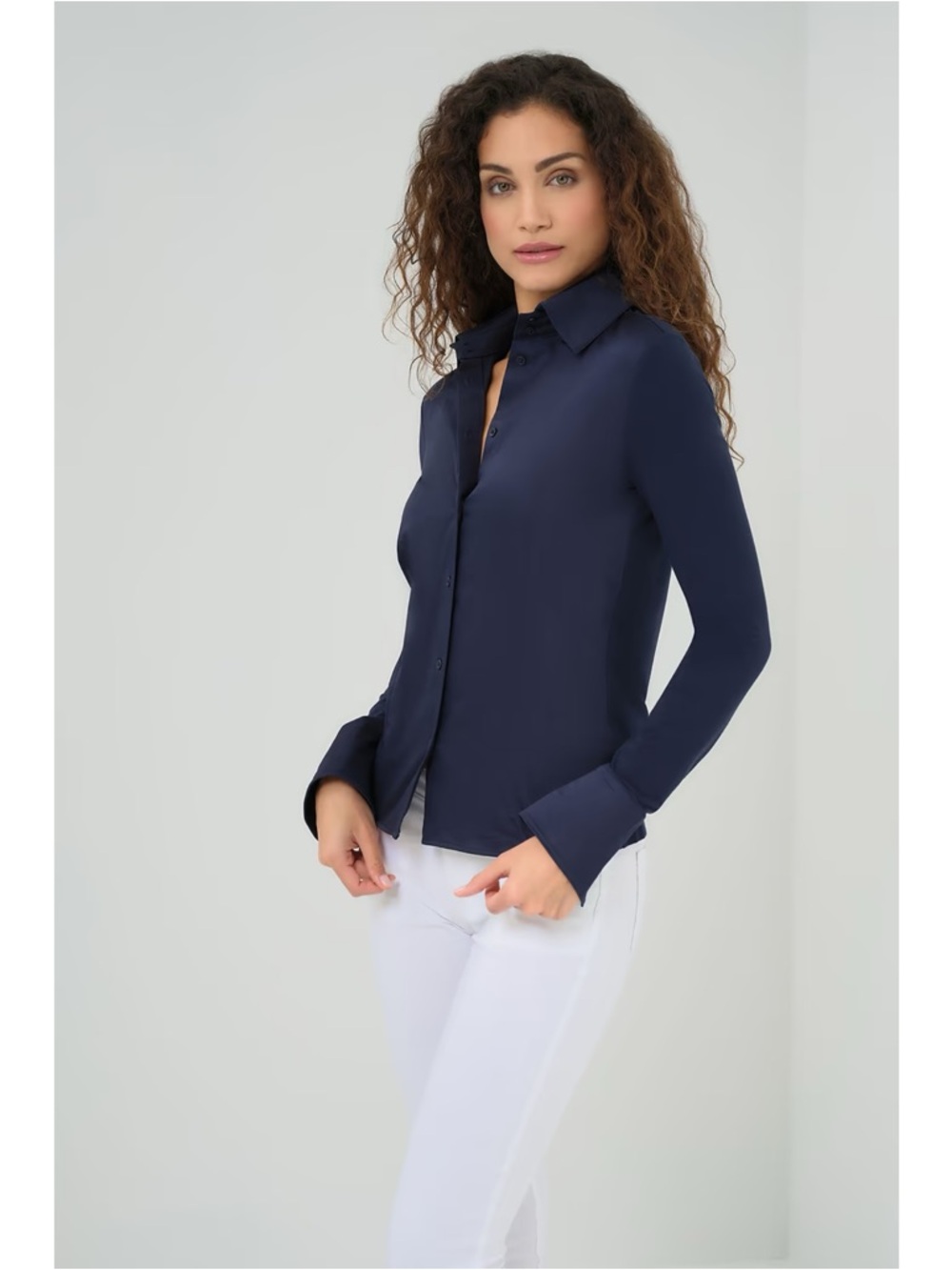 ANATOMIE Alida Button Down Poplin Shirt Navy Women's Size Medium Long Sleeve M